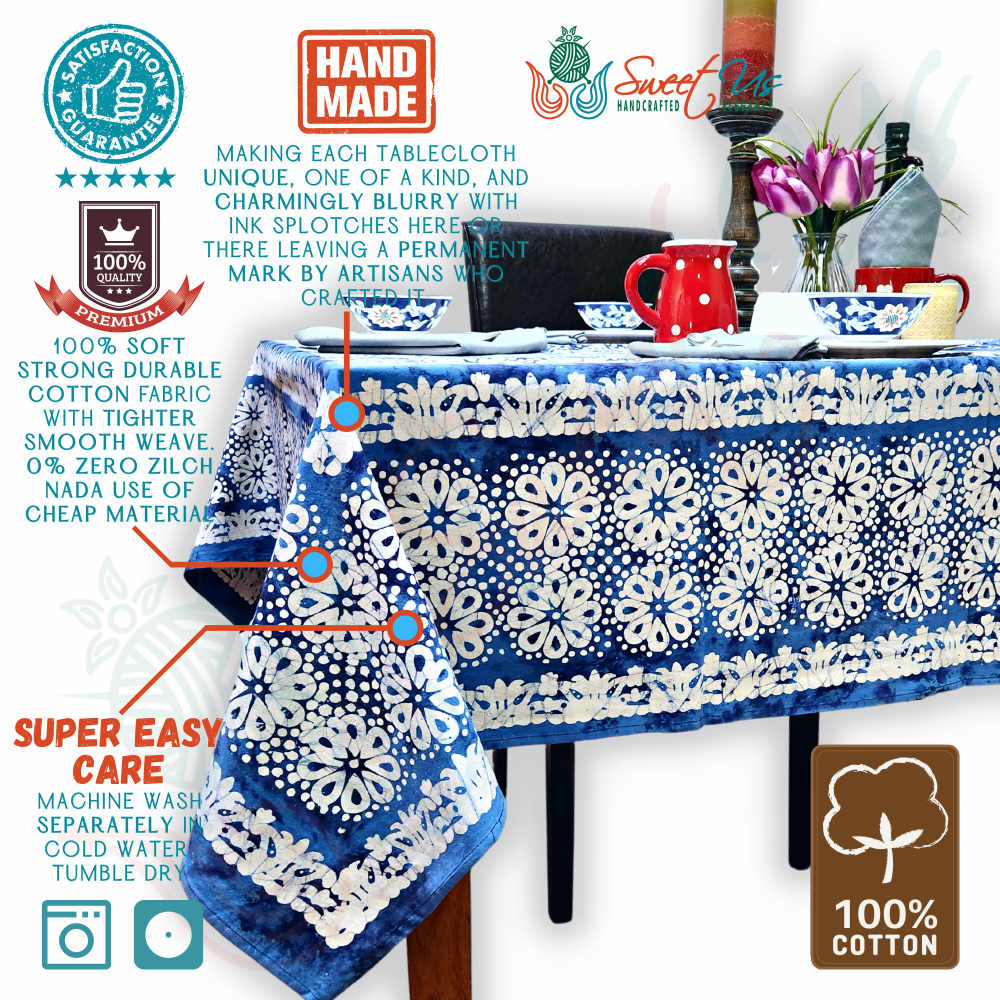 Batik Bloom Cotton Floral Tablecloth Rectangle, Round, Square, Shadow Blue
