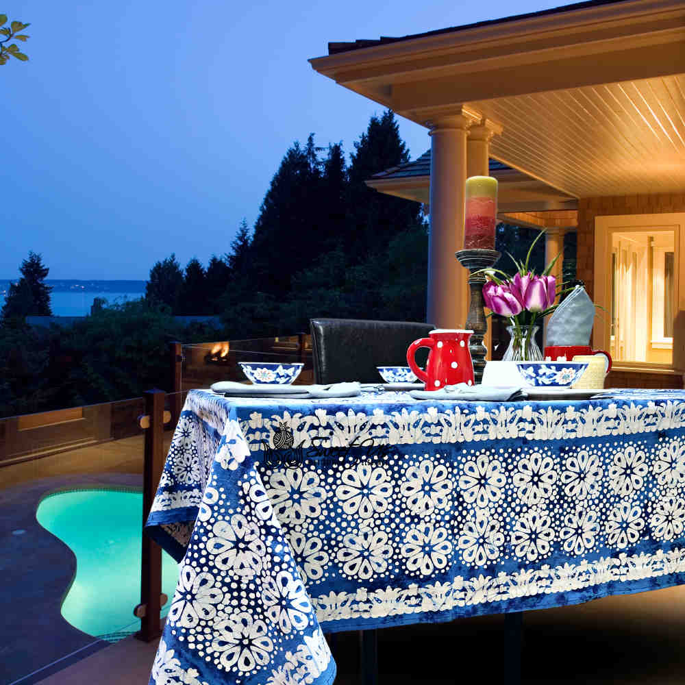 Batik Bloom Cotton Floral Tablecloth Rectangle, Round, Square, Shadow Blue