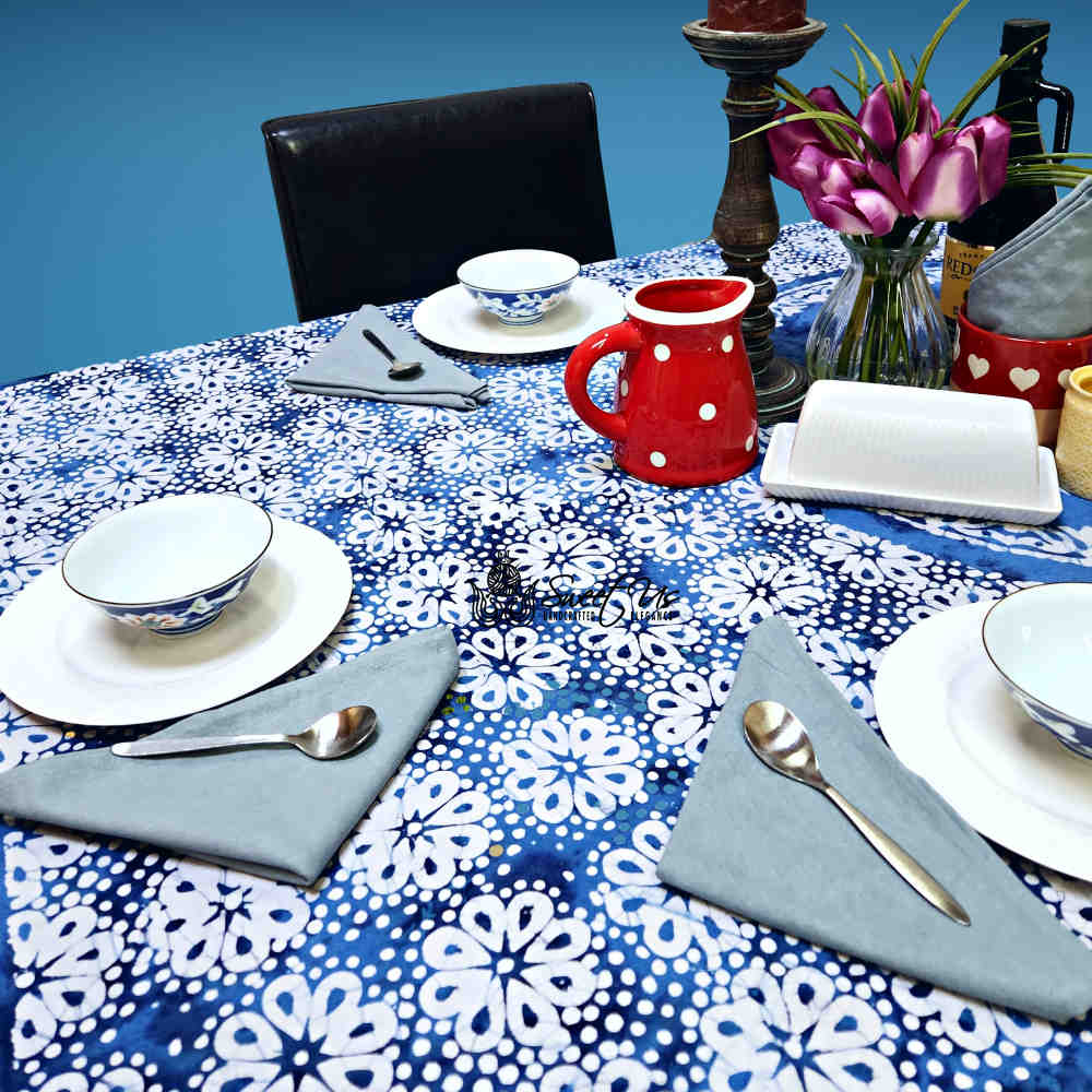 Batik Bloom Cotton Floral Tablecloth Rectangle, Round, Square, Shadow Blue