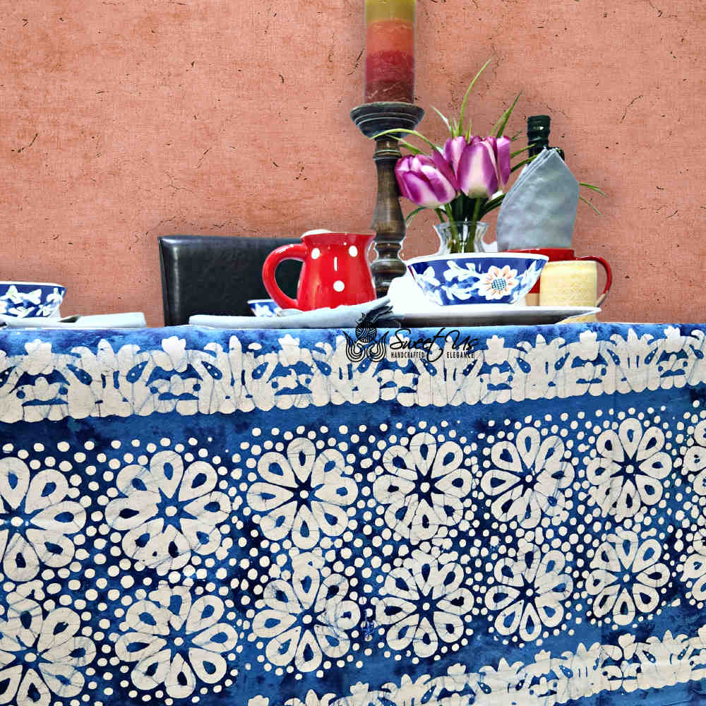 Batik Bloom Cotton Floral Tablecloth Rectangle, Round, Square, Shadow Blue