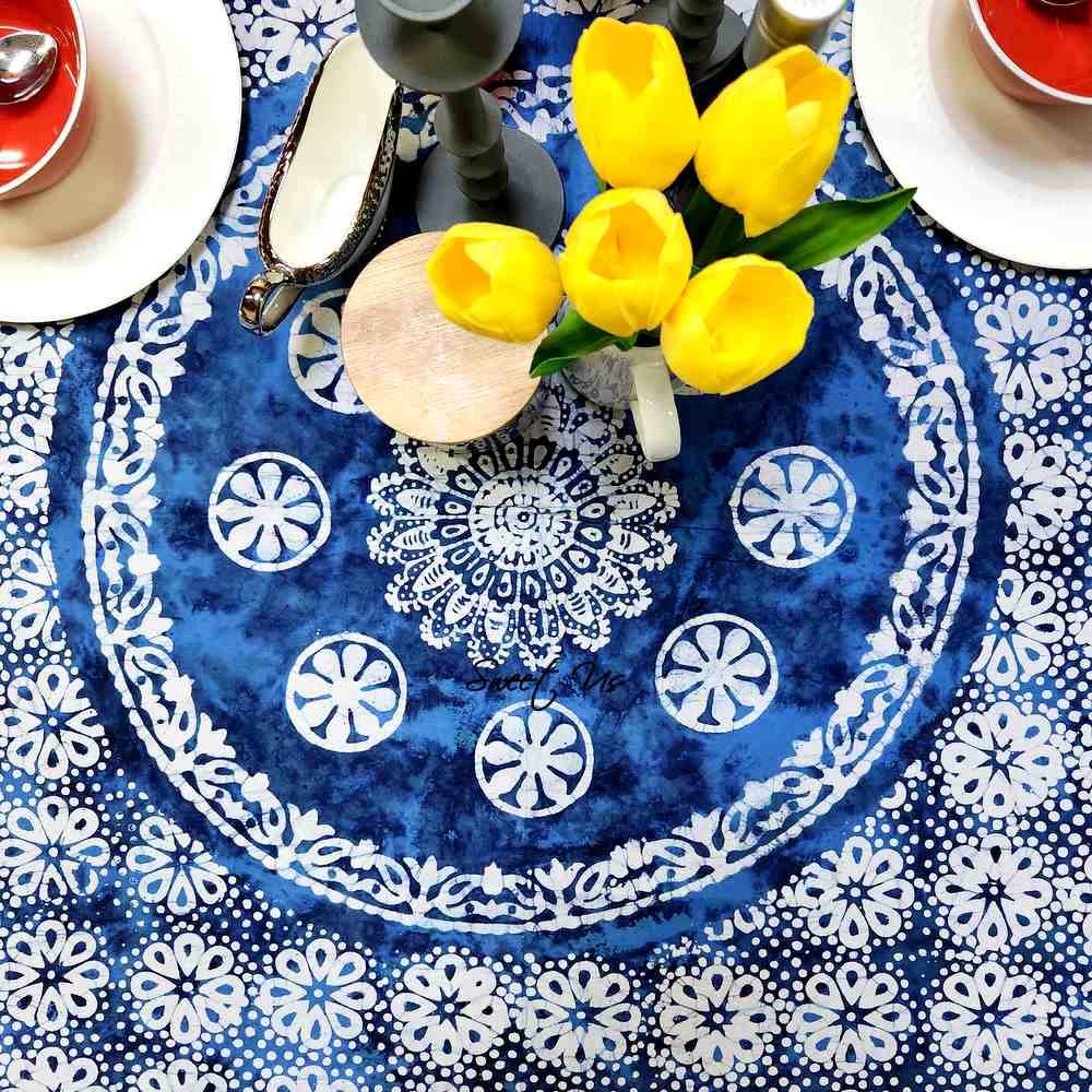 Batik Bloom Cotton Floral Tablecloth Rectangle, Round, Square, Shadow Blue