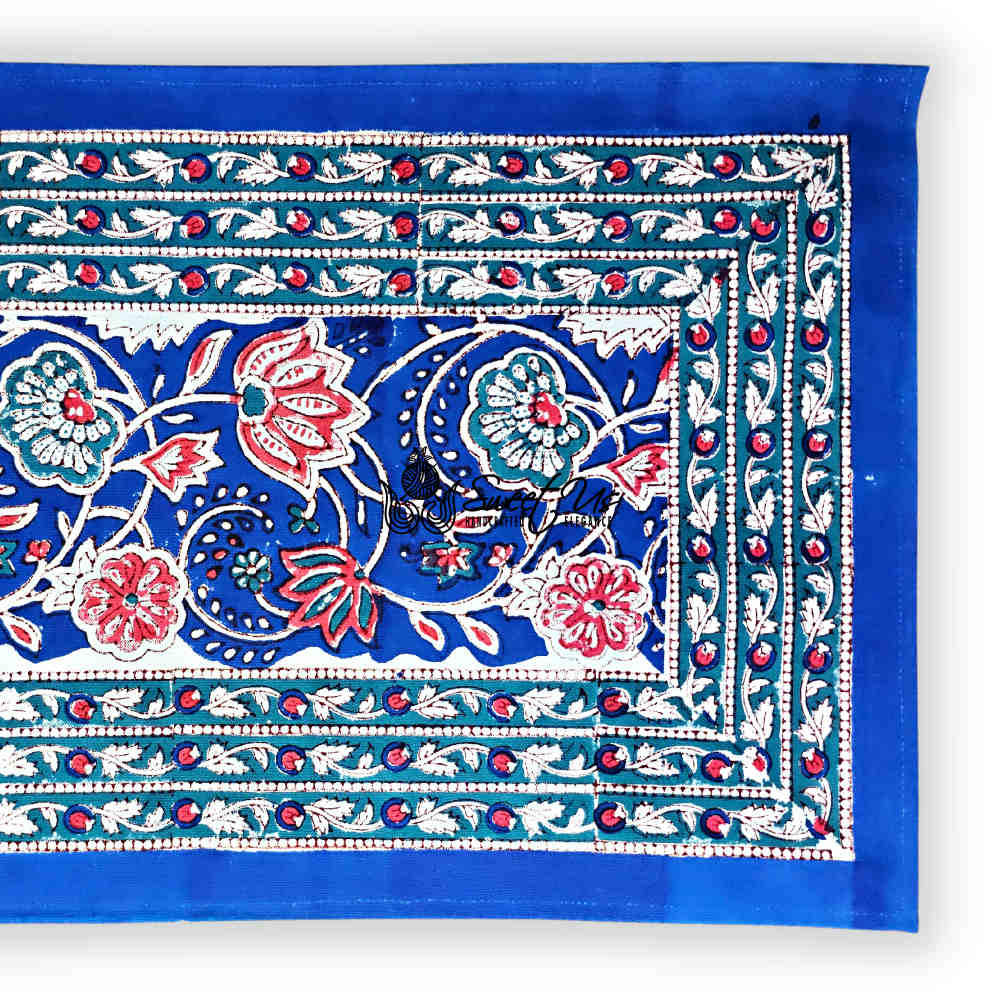 Lotus Dreams Block Print Cotton Floral Placemat, Sapphire Charm