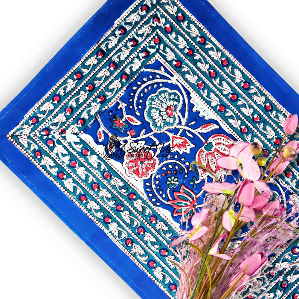 Lotus Dreams Block Print Cotton Floral Placemat, Sapphire Charm