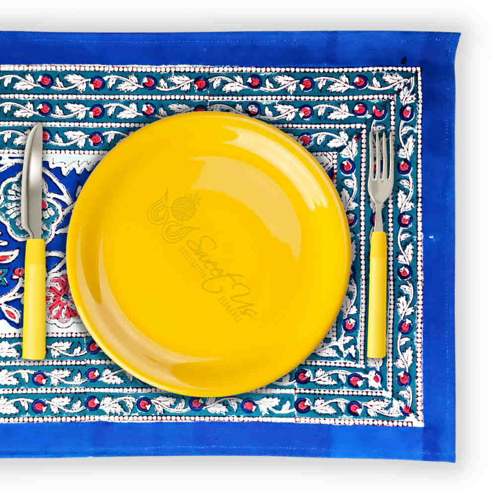 Lotus Dreams Block Print Cotton Floral Placemat, Sapphire Charm