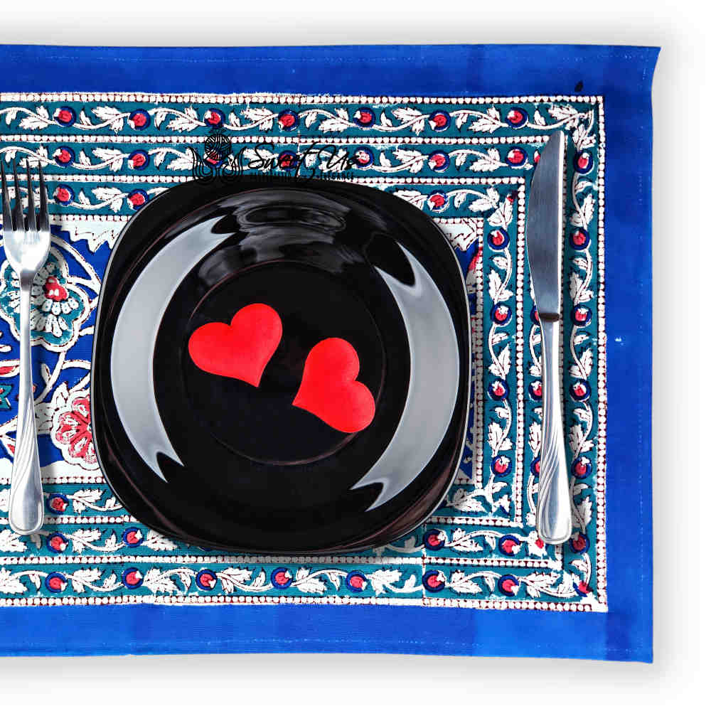 Lotus Dreams Block Print Cotton Floral Placemat, Sapphire Charm