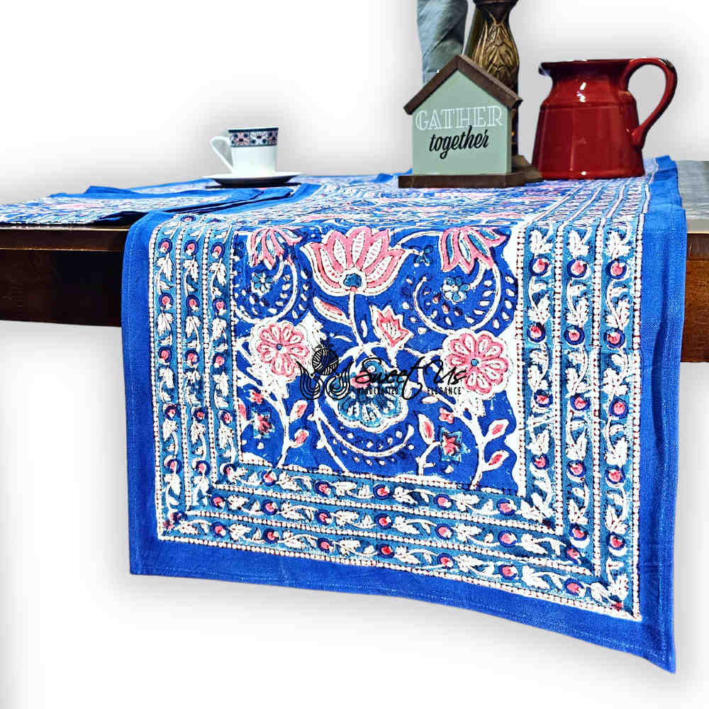 Lotus Dreams Block Print Cotton Floral Table Runner, Sapphire Charm