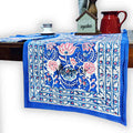 Lotus Dreams Block Print Cotton Floral Table Runner, Sapphire Charm - Sweet Us