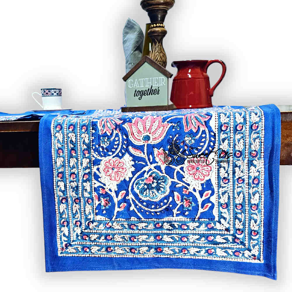 Lotus Dreams Block Print Cotton Floral Table Runner, Sapphire Charm