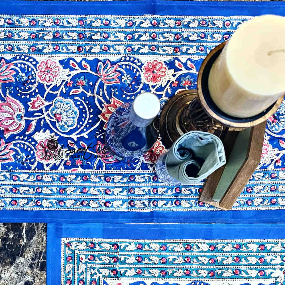 Lotus Dreams Block Print Cotton Floral Table Runner, Sapphire Charm