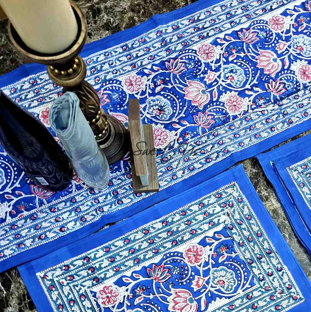 Lotus Dreams Block Print Cotton Floral Table Runner, Sapphire Charm
