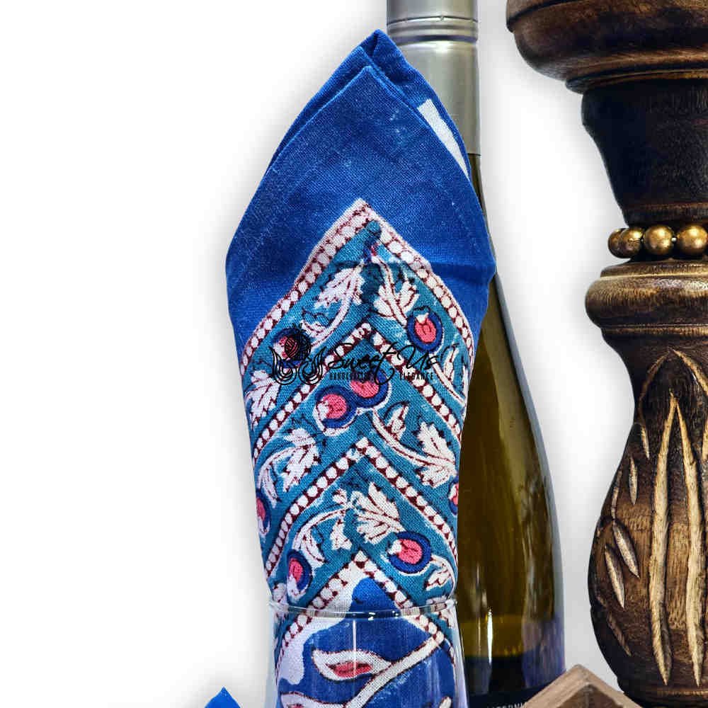 Lotus Dreams Block Print Cotton Floral Table Napkin, Sapphire Charm