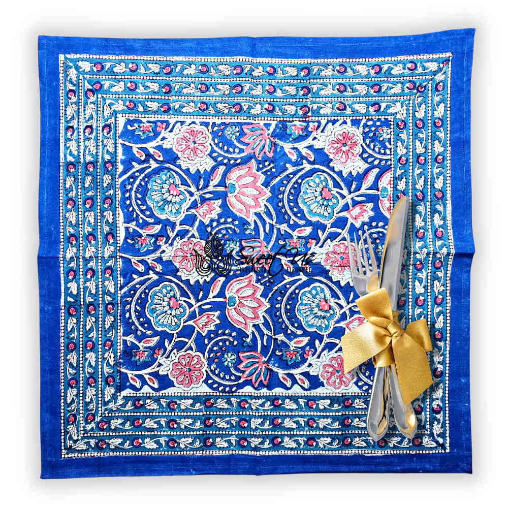 Lotus Dreams Block Print Cotton Floral Table Napkin, Sapphire Charm