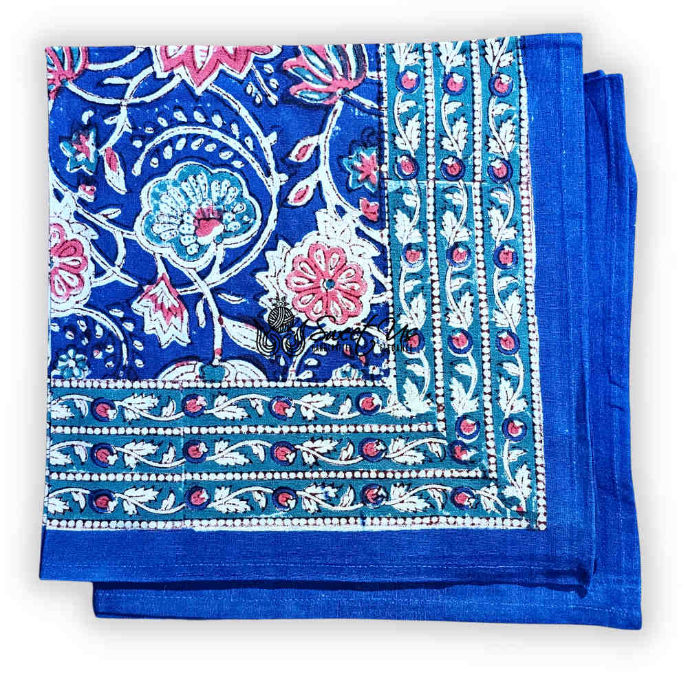 Lotus Dreams Block Print Cotton Floral Table Napkin, Sapphire Charm
