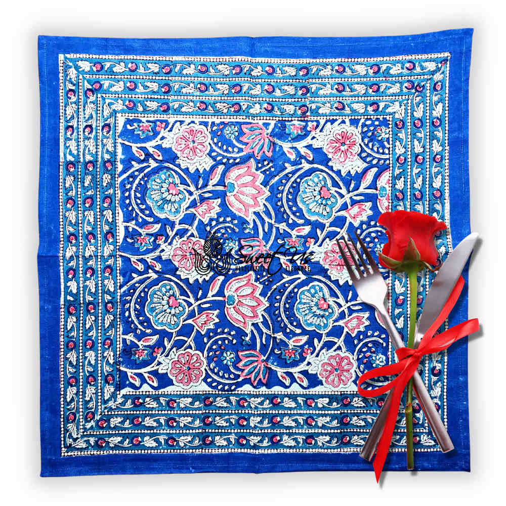 Lotus Dreams Block Print Cotton Floral Table Napkin, Sapphire Charm