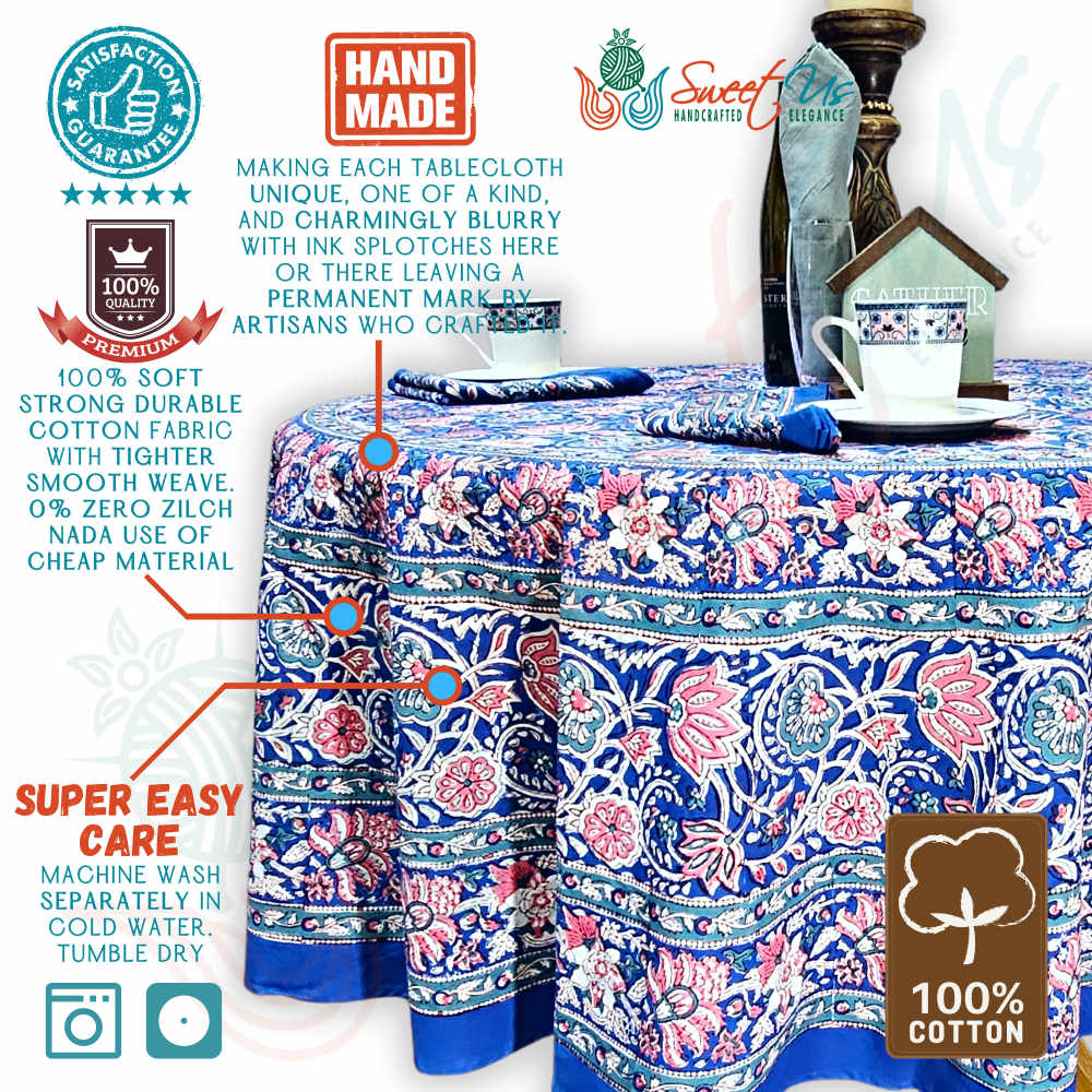 Lotus Dreams Block Print Cotton Floral Tablecloth Round, Sapphire Charm