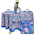 Lotus Dreams Block Print Cotton Floral Tablecloth Round, Sapphire Charm - Sweet Us