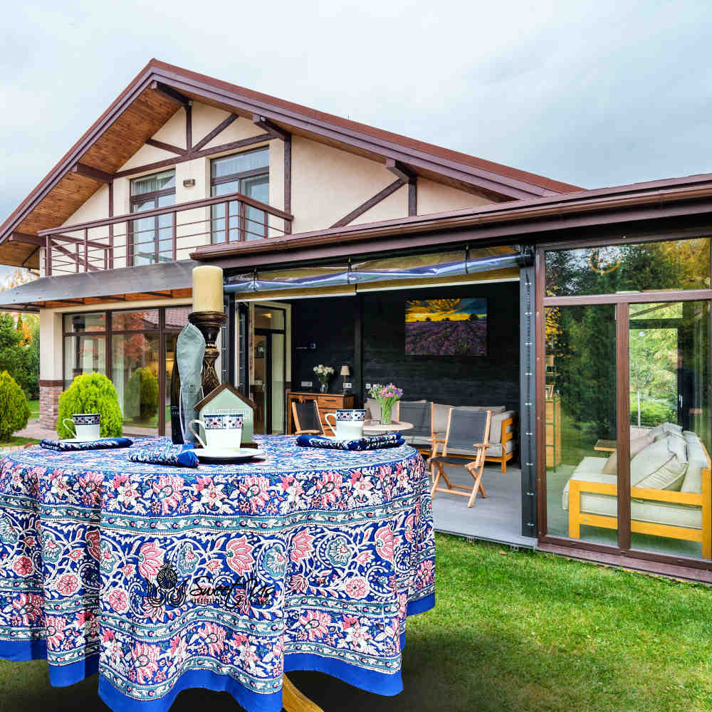 Lotus Dreams Block Print Cotton Floral Tablecloth Round, Sapphire Charm