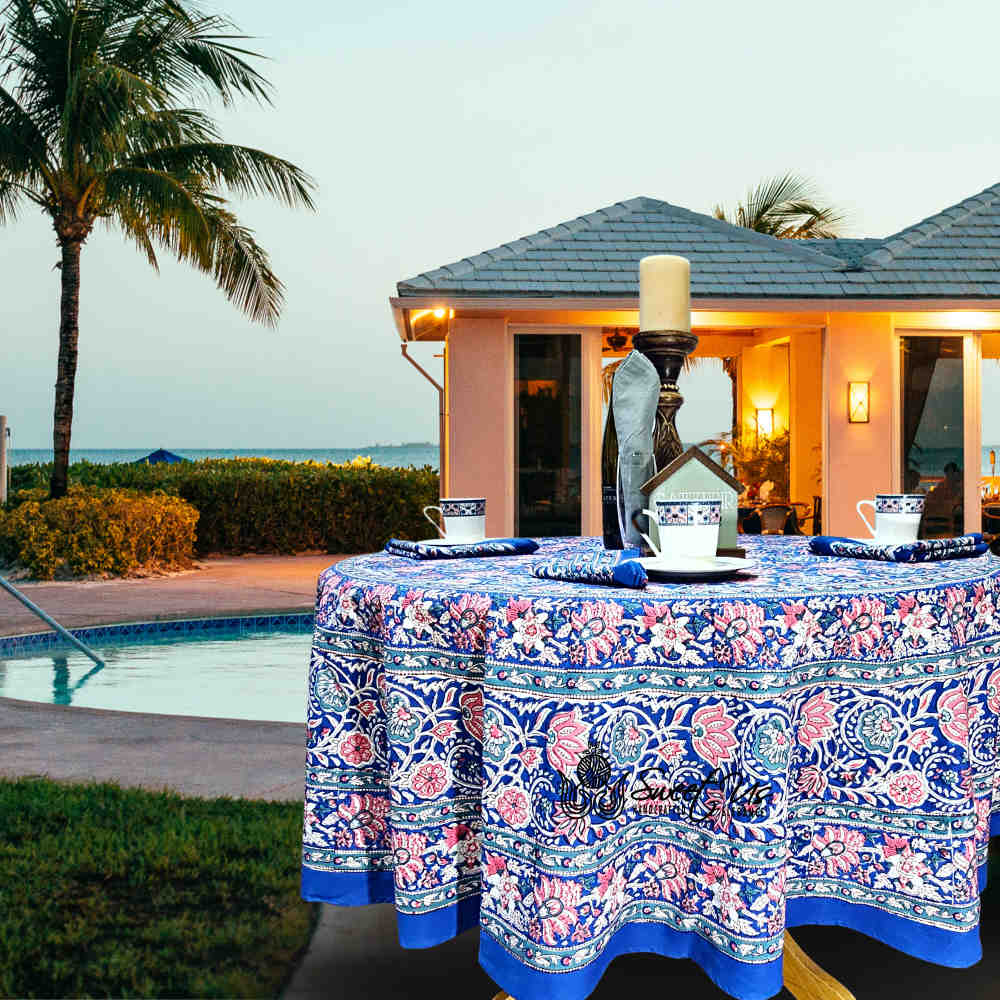 Lotus Dreams Block Print Cotton Floral Tablecloth Round, Sapphire Charm