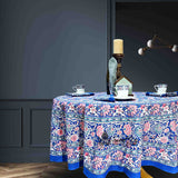 Lotus Dreams Block Print Cotton Floral Tablecloth Round, Sapphire Charm