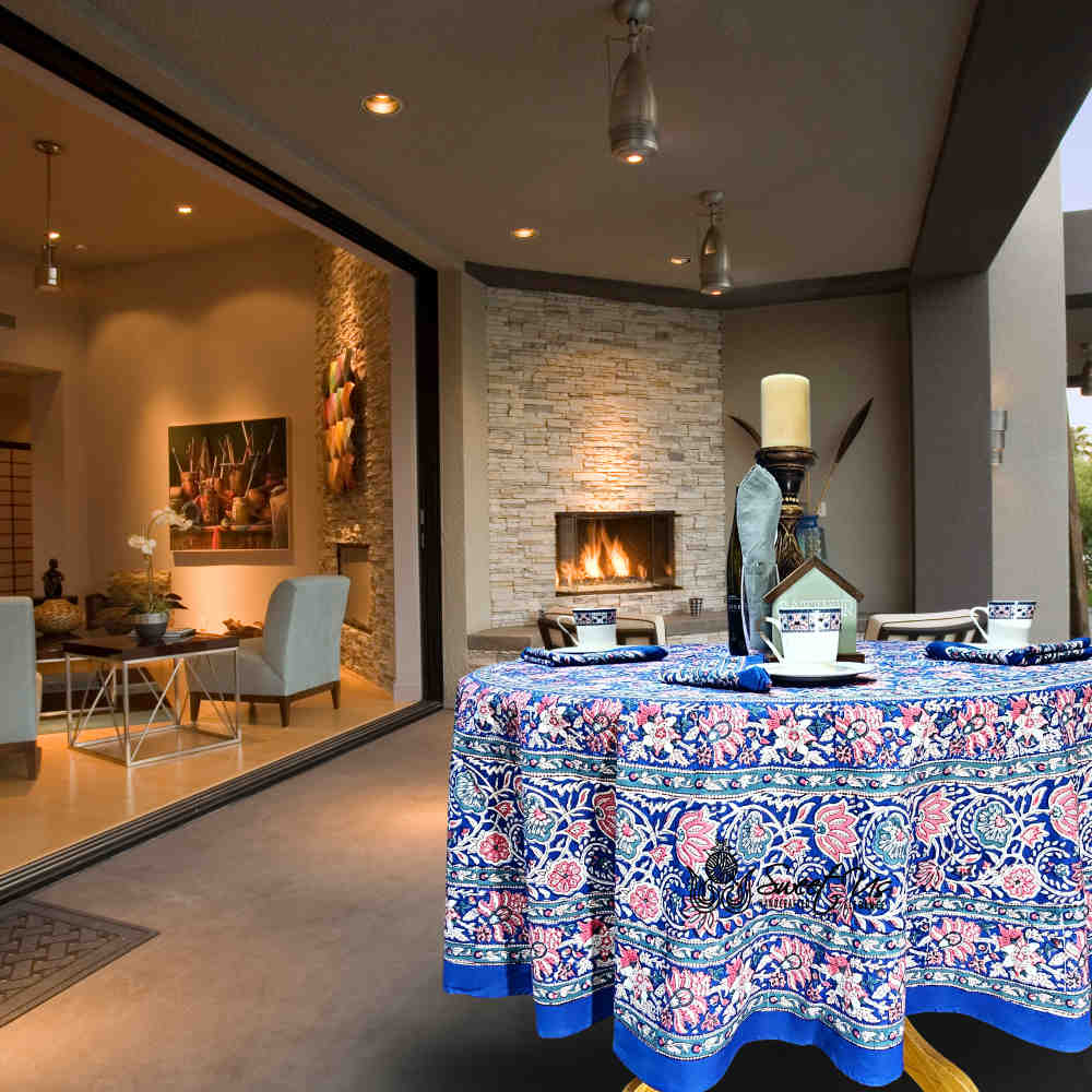 Lotus Dreams Block Print Cotton Floral Tablecloth Round, Sapphire Charm