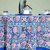 Lotus Dreams Block Print Cotton Floral Tablecloth Round, Sapphire Charm