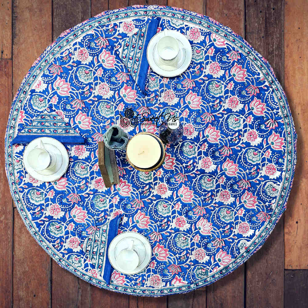 Lotus Dreams Block Print Cotton Floral Tablecloth Round, Sapphire Charm