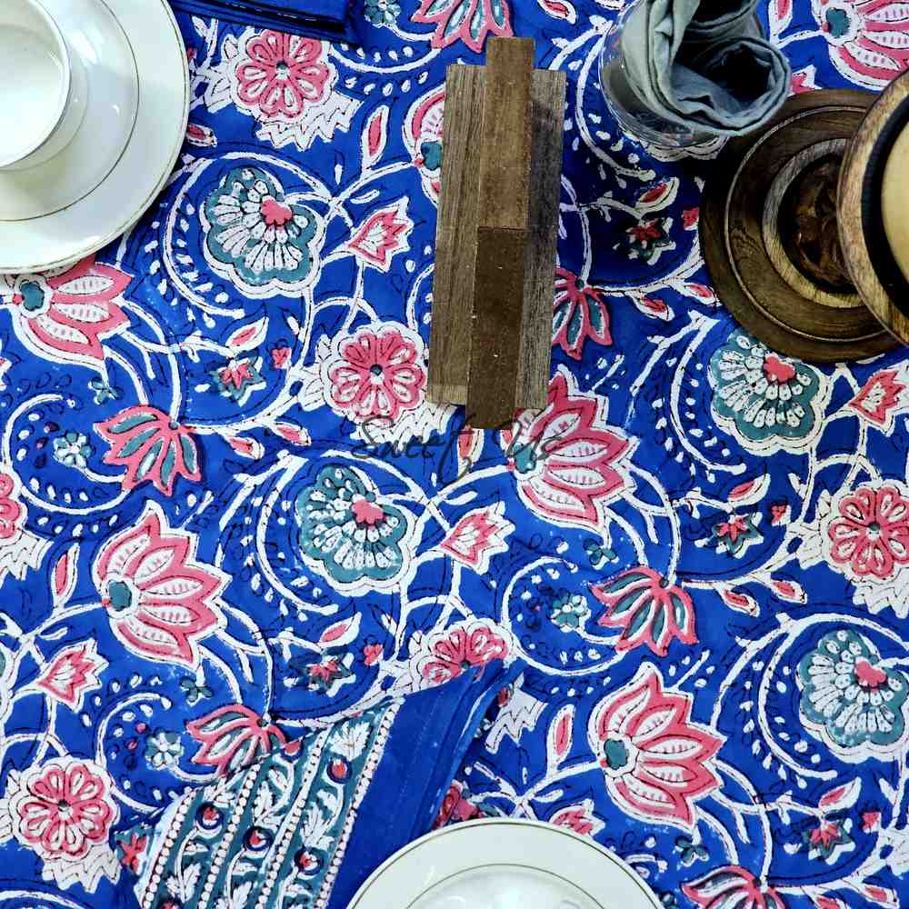 Lotus Dreams Block Print Cotton Floral Tablecloth Round, Sapphire Charm