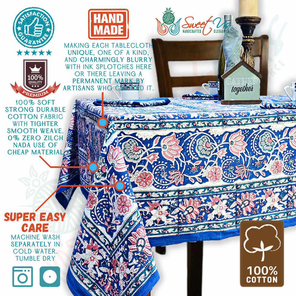 Lotus Dreams Block Print Cotton Floral Tablecloth Square, Sapphire Charm