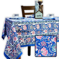 Lotus Dreams Block Print Cotton Floral Tablecloth Square, Sapphire Charm - Sweet Us