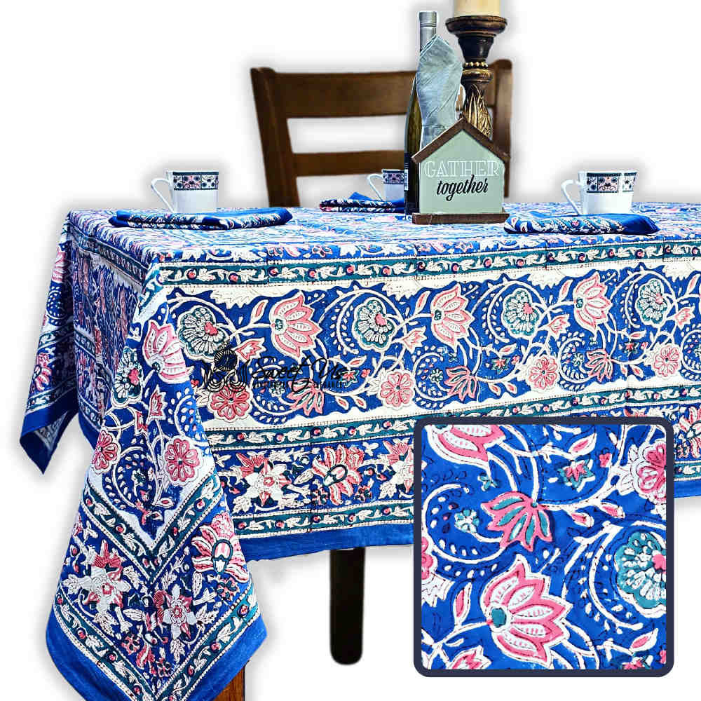 Lotus Dreams Block Print Cotton Floral Tablecloth Square, Sapphire Charm