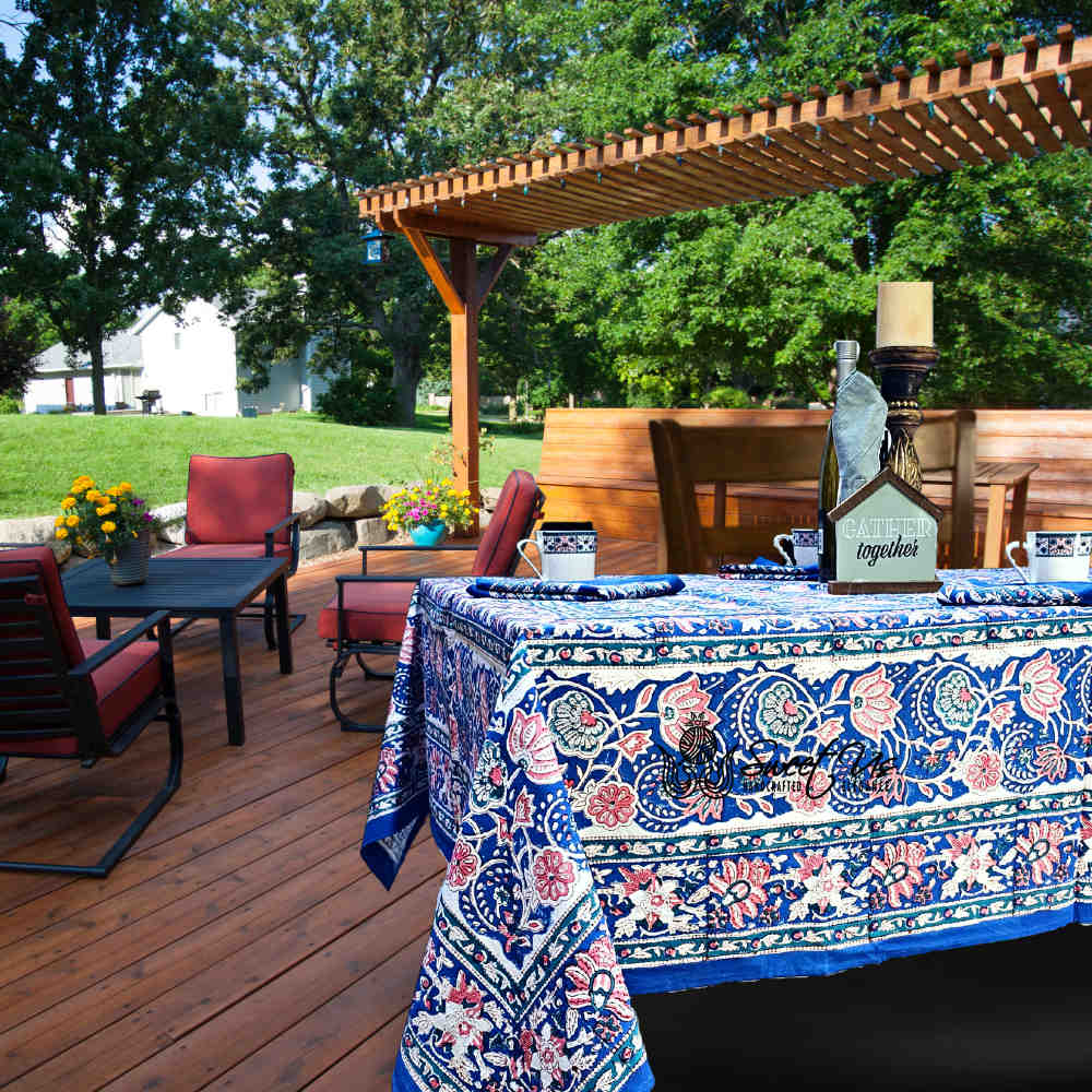 Lotus Dreams Block Print Cotton Floral Tablecloth Square, Sapphire Charm