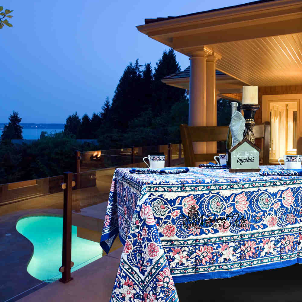 Lotus Dreams Block Print Cotton Floral Tablecloth Square, Sapphire Charm