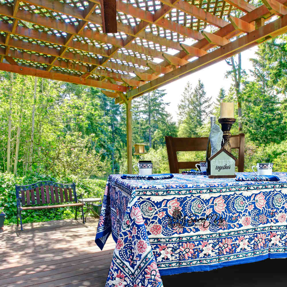 Lotus Dreams Block Print Cotton Floral Tablecloth Rectangle, Sapphire Charm
