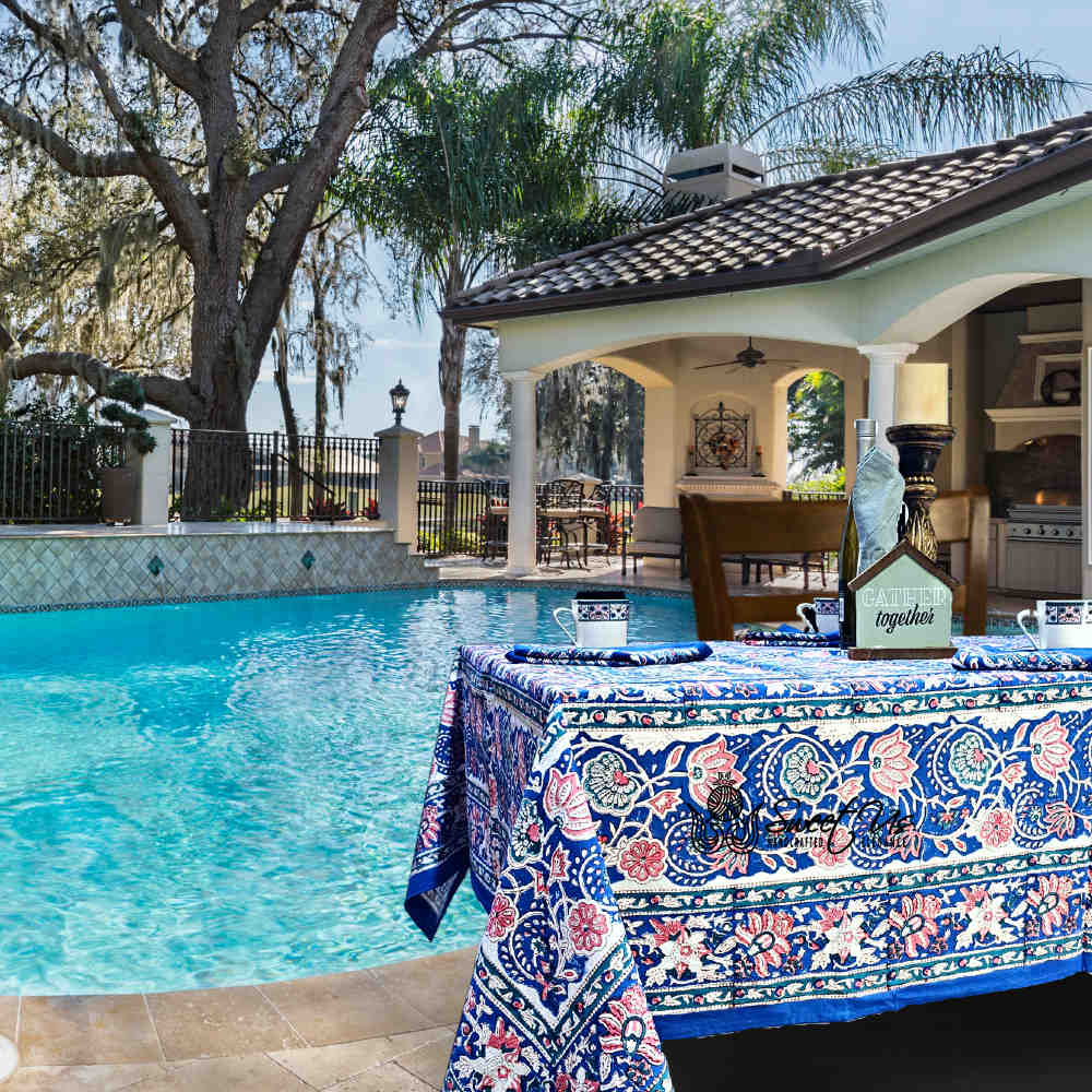 Lotus Dreams Block Print Cotton Floral Tablecloth Rectangle, Sapphire Charm