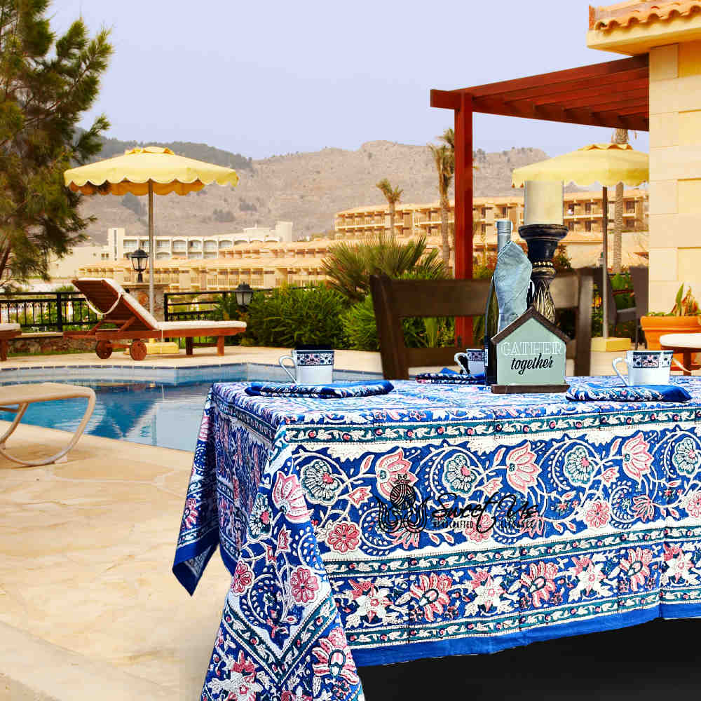 Lotus Dreams Block Print Cotton Floral Tablecloth Square, Sapphire Charm