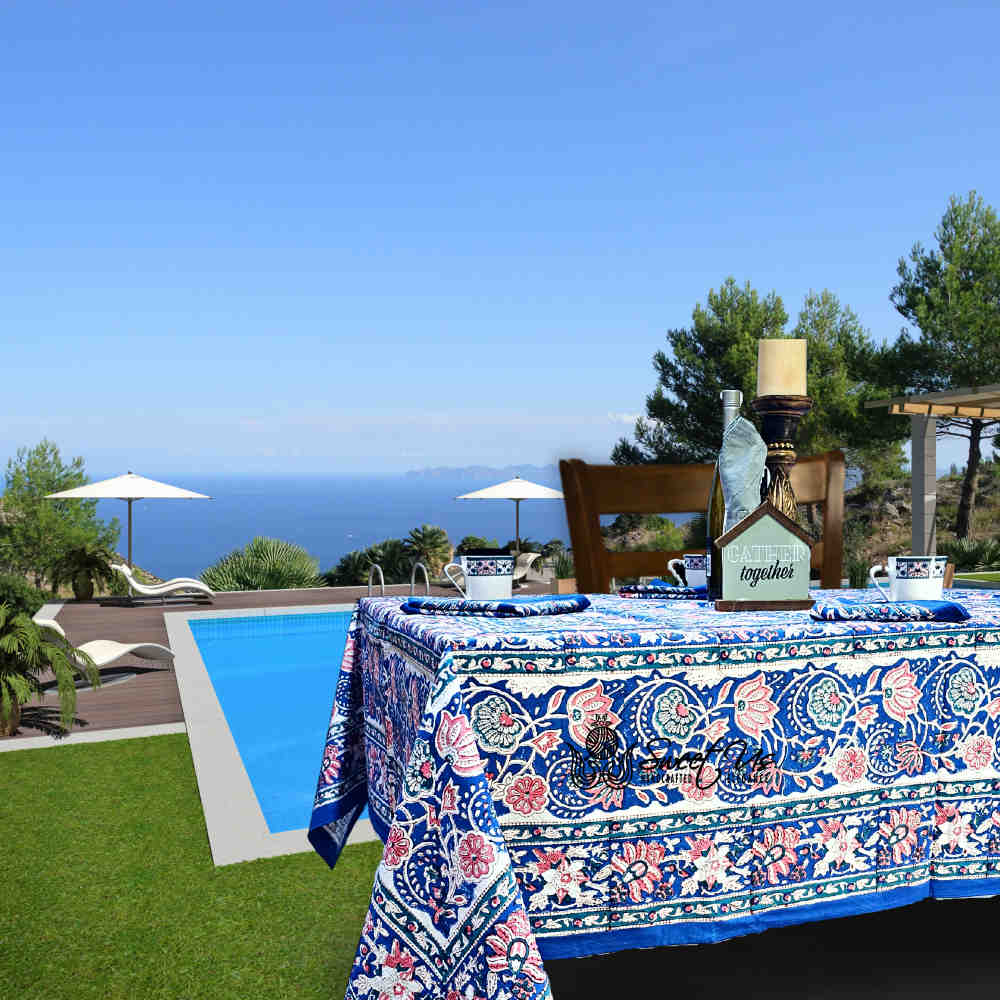 Lotus Dreams Block Print Cotton Floral Tablecloth Rectangle, Sapphire Charm