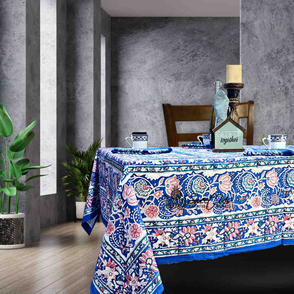 Lotus Dreams Block Print Cotton Floral Tablecloth Rectangle, Sapphire Charm
