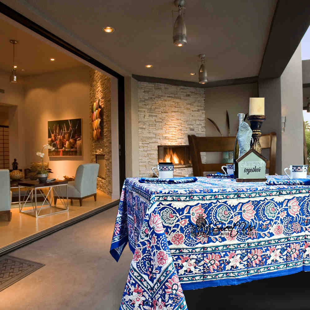 Lotus Dreams Block Print Cotton Floral Tablecloth Square, Sapphire Charm