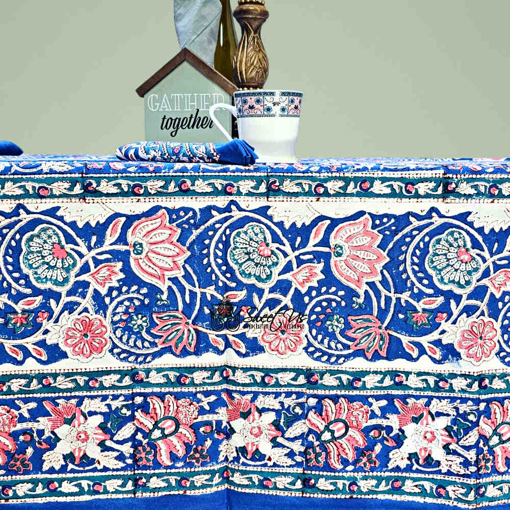 Lotus Dreams Block Print Cotton Floral Tablecloth Square, Sapphire Charm