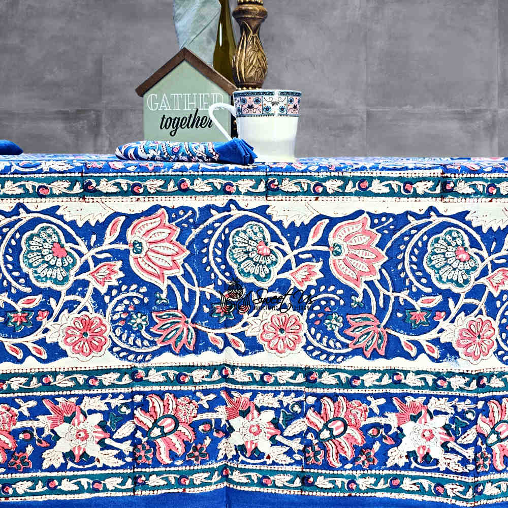 Lotus Dreams Block Print Cotton Floral Tablecloth Rectangle, Sapphire Charm