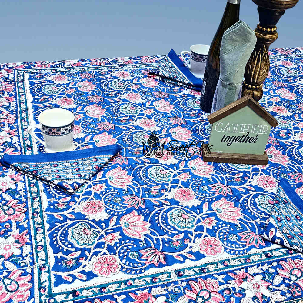 Lotus Dreams Block Print Cotton Floral Tablecloth Square, Sapphire Charm