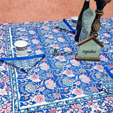 Lotus Dreams Block Print Cotton Floral Tablecloth Rectangle, Sapphire Charm