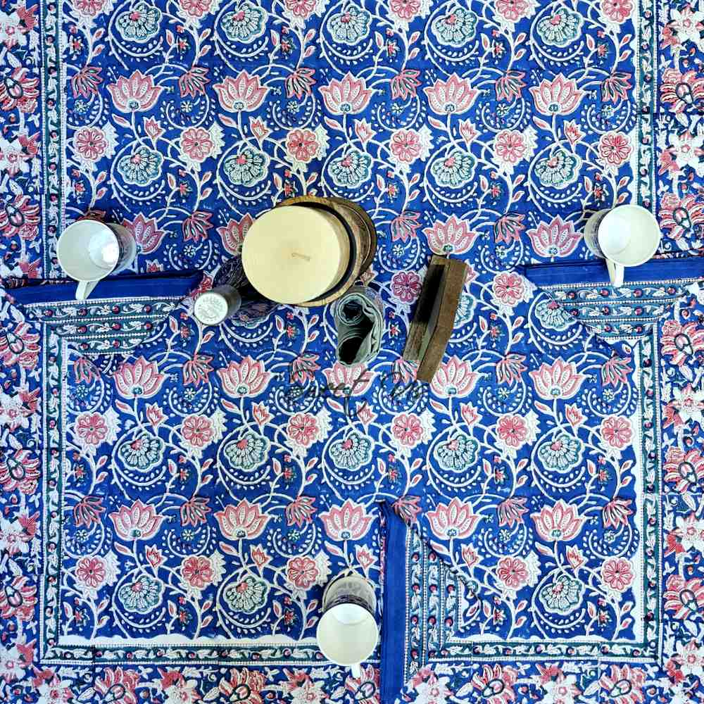 Lotus Dreams Block Print Cotton Floral Tablecloth Rectangle, Sapphire Charm