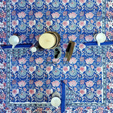 Lotus Dreams Block Print Cotton Floral Tablecloth Square, Sapphire Charm