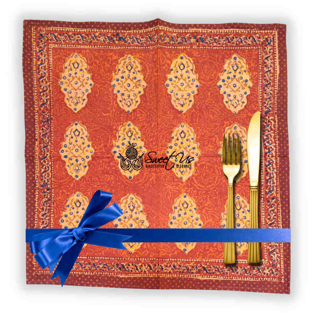 Cotton Vintage Diamond Block Print Tablecloth Collection, Napkin, Rust