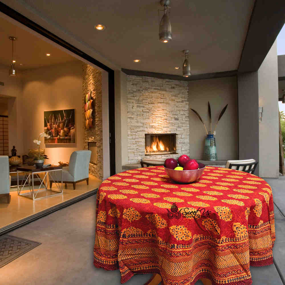 Cotton Vintage Diamond Block Print Tablecloth Collection, Napkin, Rust