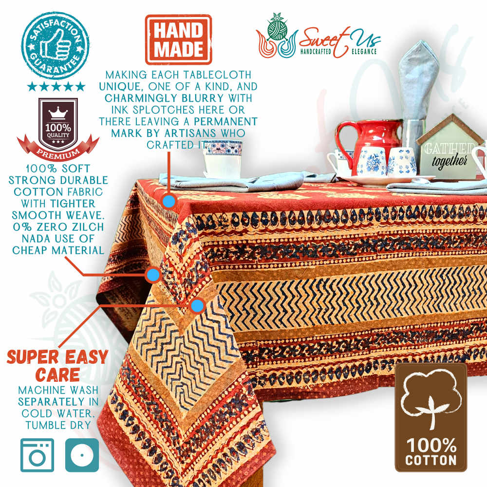 Cotton Vintage Diamond Block Print Tablecloth Collection, Napkin, Rust