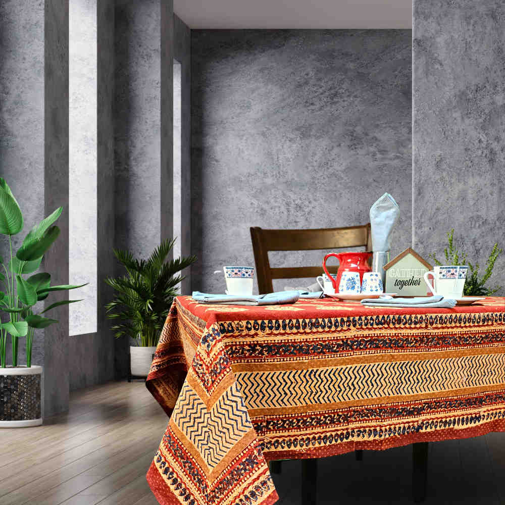 Cotton Vintage Diamond Block Print Tablecloth Collection, Napkin, Rust - Sweet Us