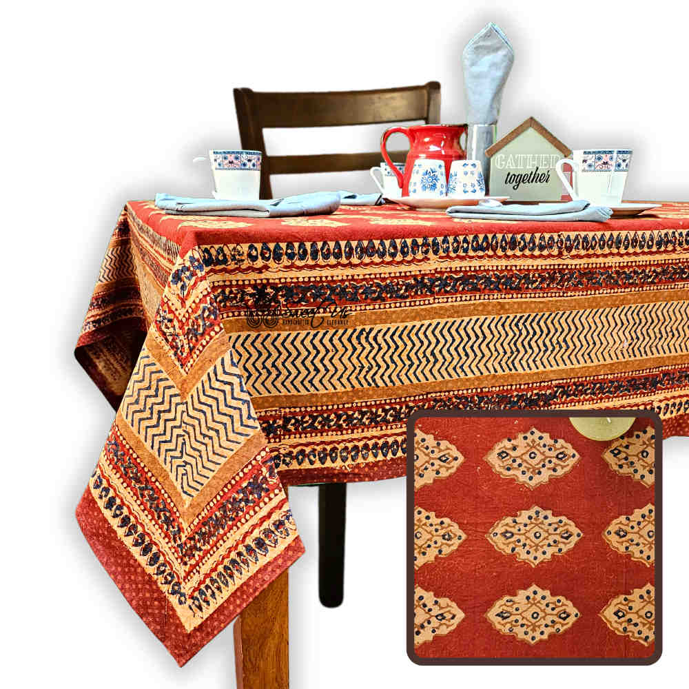 Vintage Diamond Floral Cotton Block Print Tablecloth Rectangle, Rustic Allure - Sweet Us