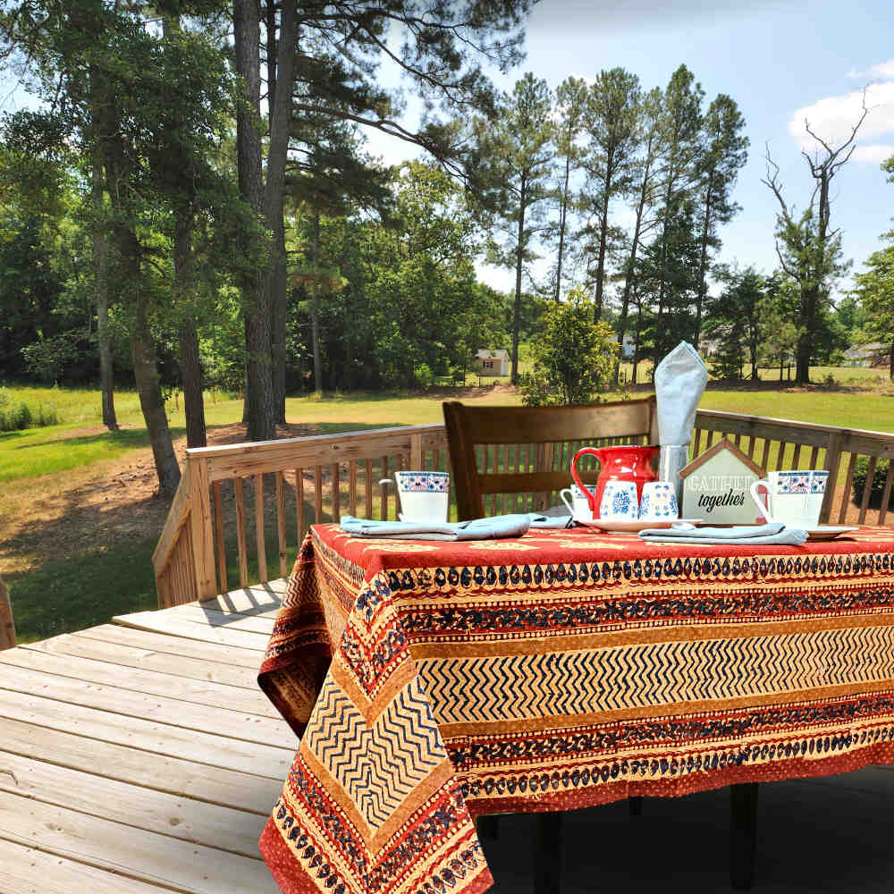 Cotton Vintage Diamond Block Print Tablecloth Collection, Napkin, Rust